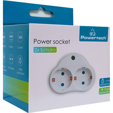Αντάπτορας ρεύματος POWERTECH PT-818, 2x schuko, 250V 16A, λευκός με προστασία υπέρτασης